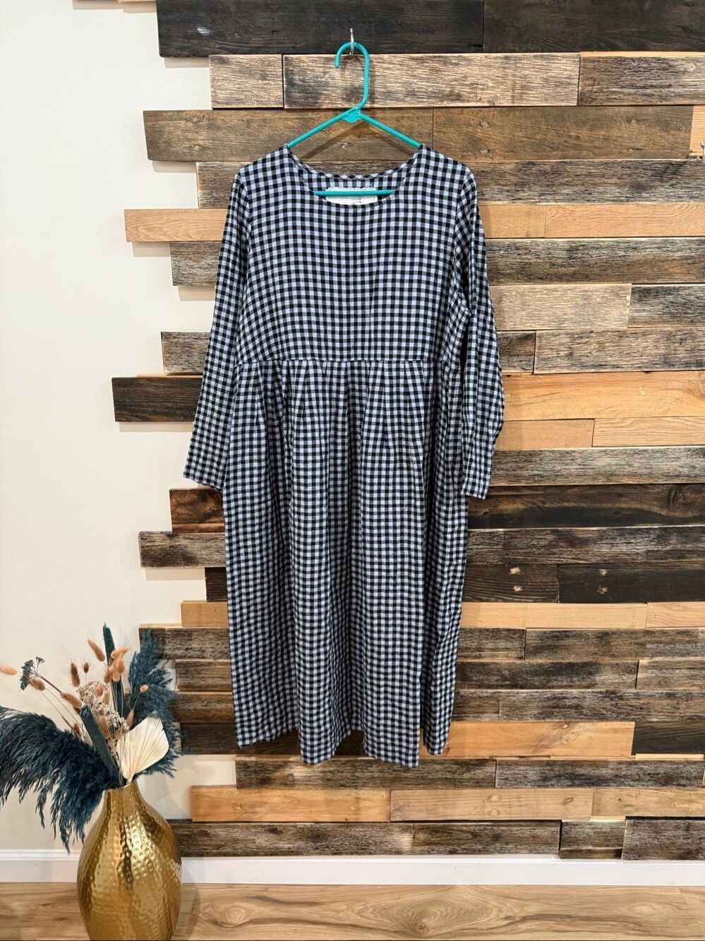 NotPerfectLinen Emilie boho lagenlook maxi dress blue/black gingham size XL